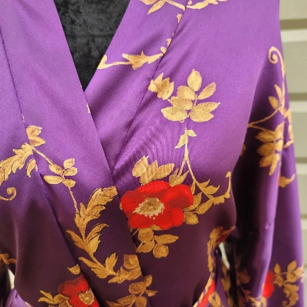 VTG California Dynasty Floral Paisley Purple Red Robe Satin Kimono Sz M Medium - Picture 4 of 10